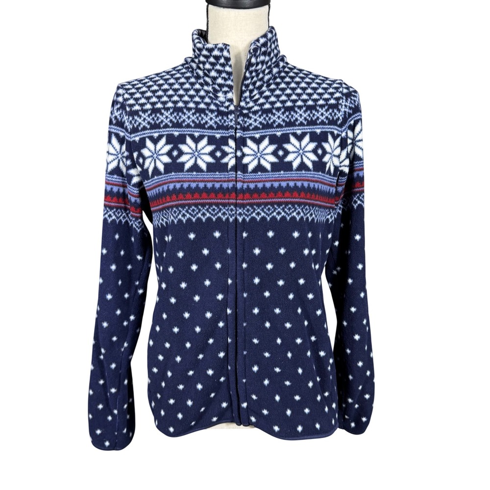 Uniqlo Women's Large Navy Blue Fair Isle Snowflake Fleece‎ Full Zip Jacket